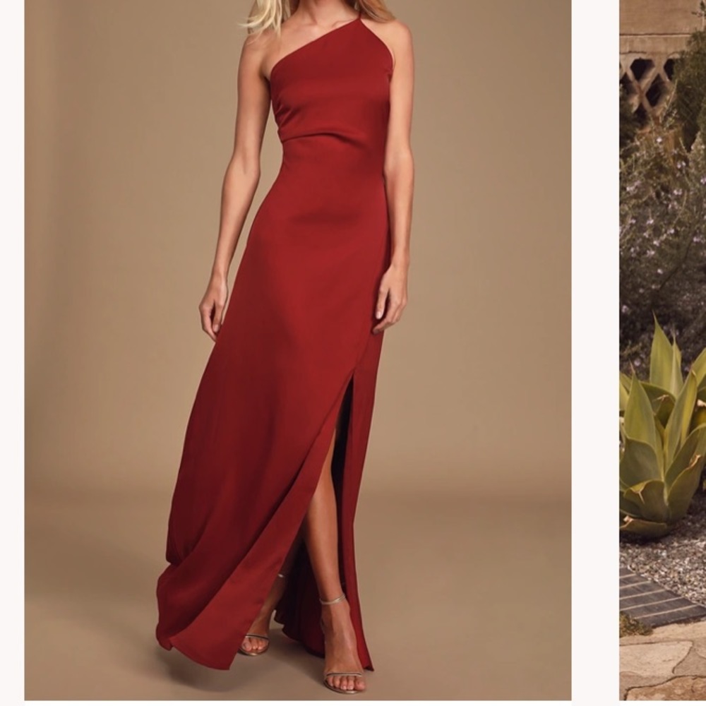 Keepsake red satin one-shoulder maxi slip dress